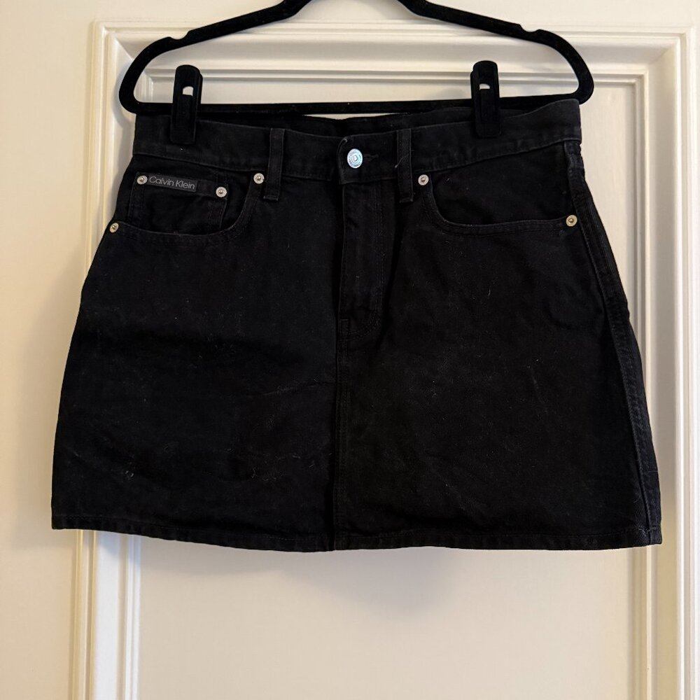Calvin Klein: Black Denim Mini Skirt, Size: 29